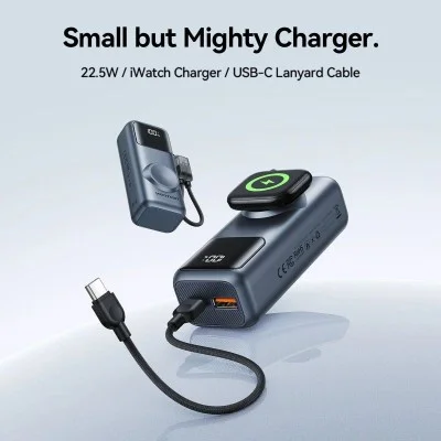Vention mini 10000mah power bank (usb-c + usb-a) with built-in usb-c  cable and apple watch charging area 22.5w led display type - gray